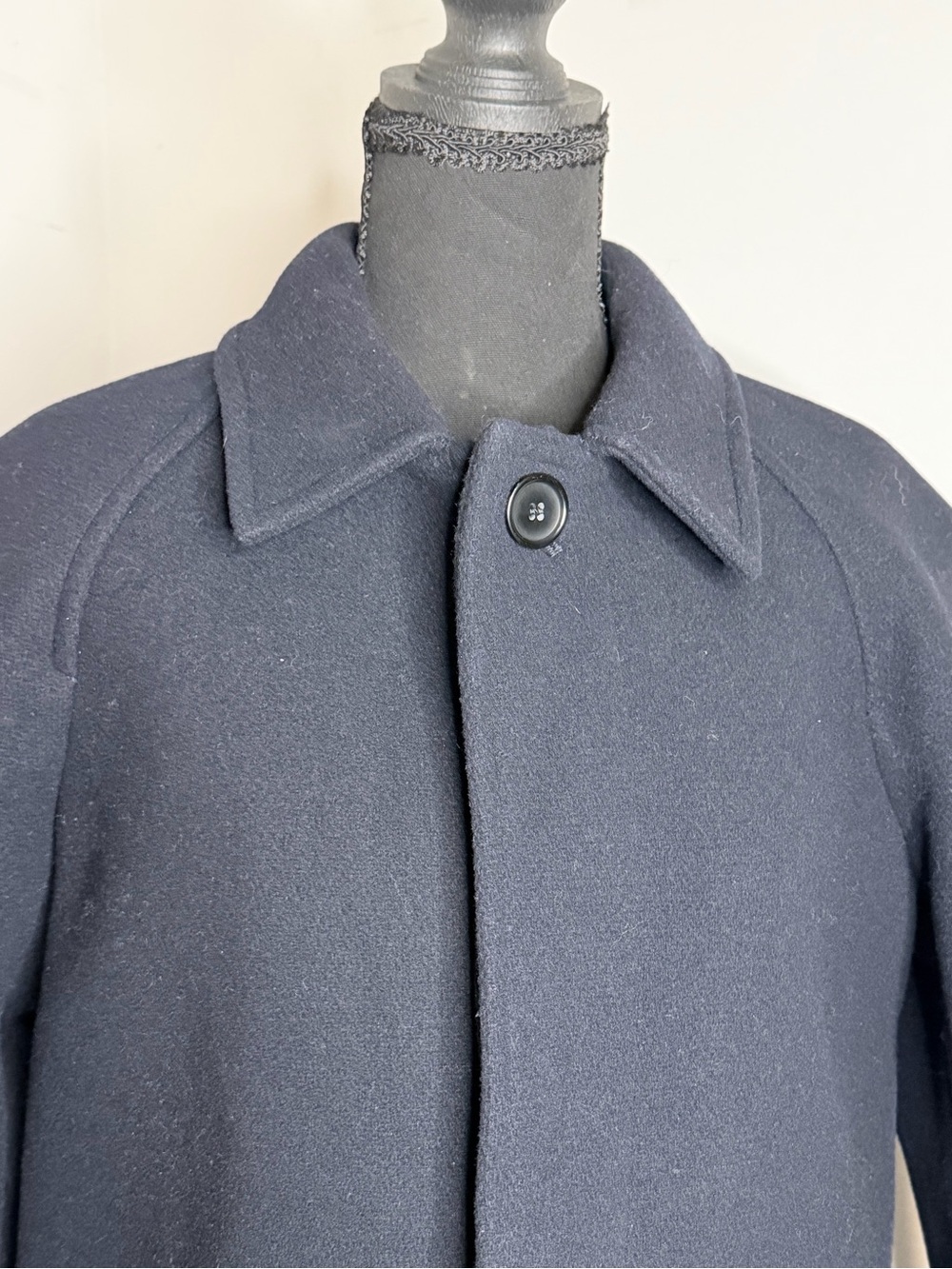 Custom Sandro Navy Solid Long Overcoat Wool Lined Button Front Point Collar M